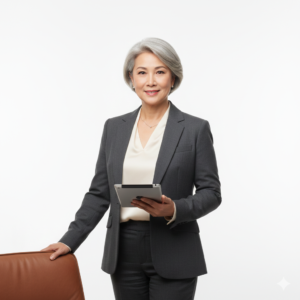 Senior professional woman in business suit holding a tablet, representing leadership and experience.