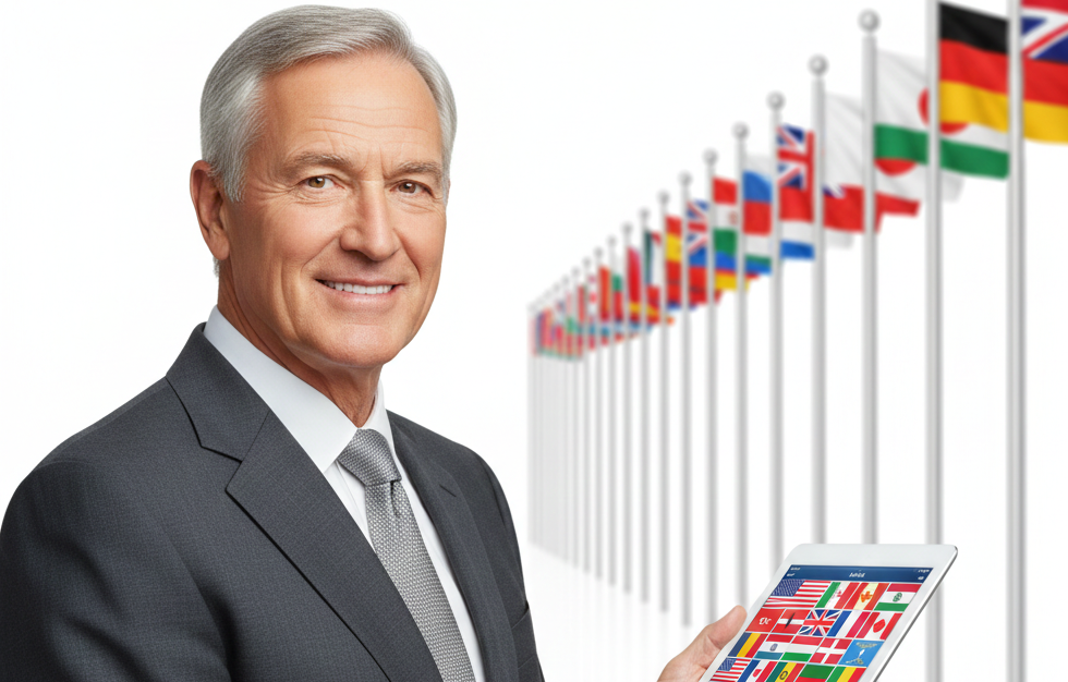 Business executive holding tablet with international flags in background.