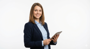 Young professional woman holding a tablet, smiling confidently.